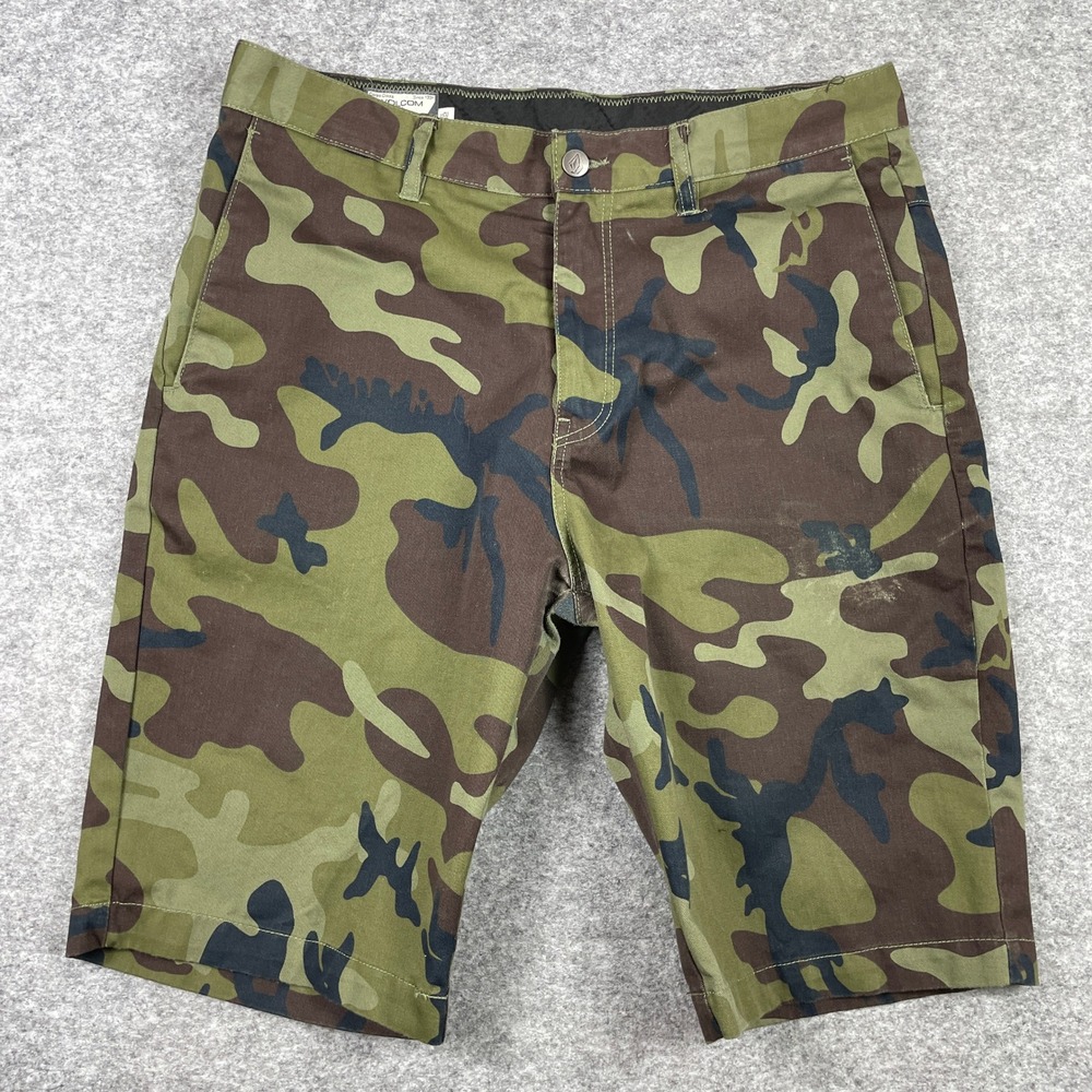 Volcom Chino Shorts Mens 32 Green Camo Corpo Class Skate Surf 10" Inseam
